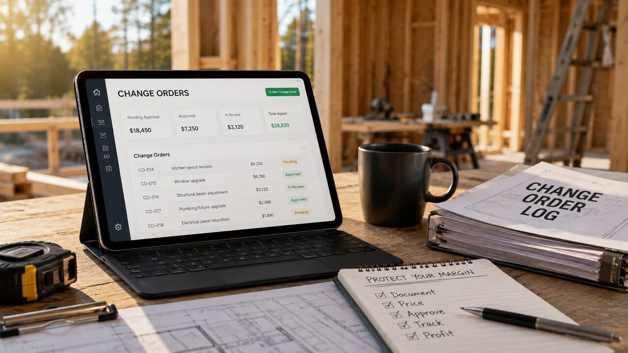 A tablet on a jobsite table showing a BuildTools change order dashboard with pending, approved, and in-review change orders and their dollar amounts, next to a handwritten notepad checklist reading Protect Your Margin: Document, Price, Approve, Track, Profit