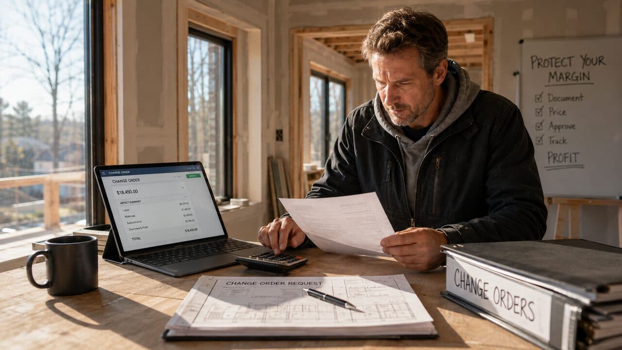A builder at a jobsite desk reviewing a printed change order request next to a laptop showing a digital change order summary with labor, materials, subcontractor cost, and total, next to a whiteboard reading Protect Your Margin: Document, Price, Approve, Track