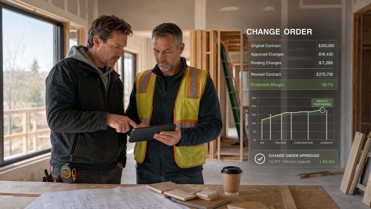 Two builders reviewing a change order on a tablet on a jobsite, with a change order summary showing original contract, approved changes, pending changes, revised contract, and projected margin