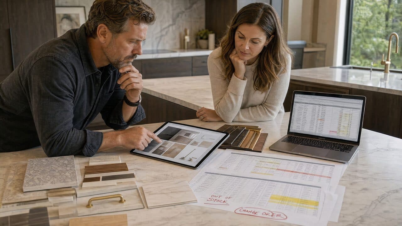 A tablet showing a selections app on a countertop next to material samples, a laptop displaying a spreadsheet with rows highlighted in red and yellow, and papers marked by hand with the notes Out of Stock and Change Order
