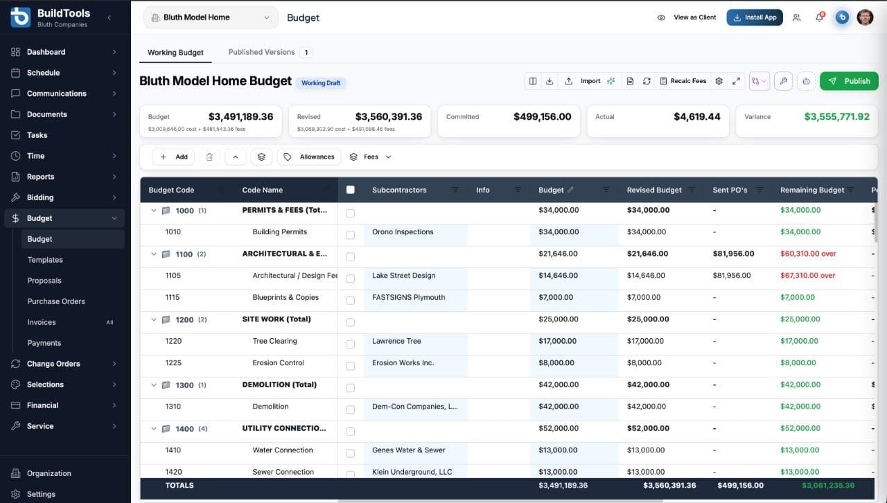 BuildTools Budget screen on desktop: a cost-code table with budget, revised budget, sent POs and remaining budget columns