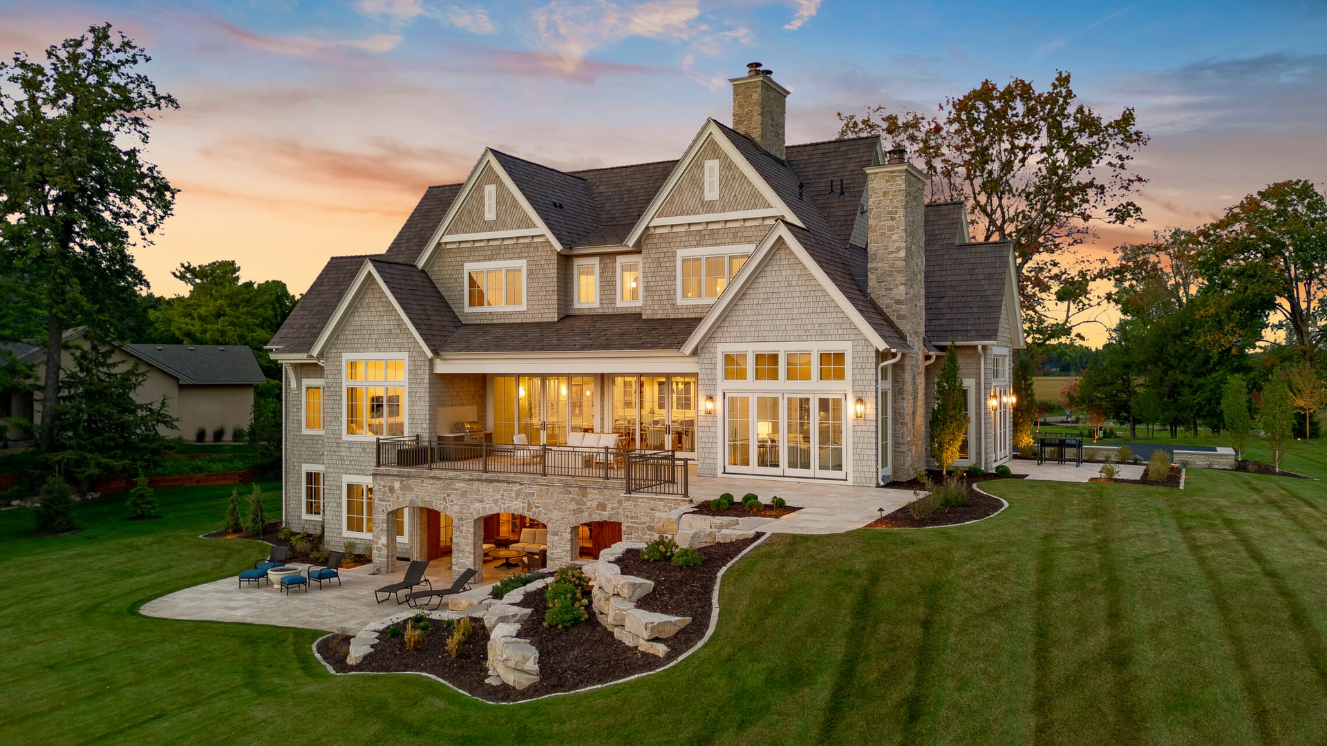 Regency custom home at twilight