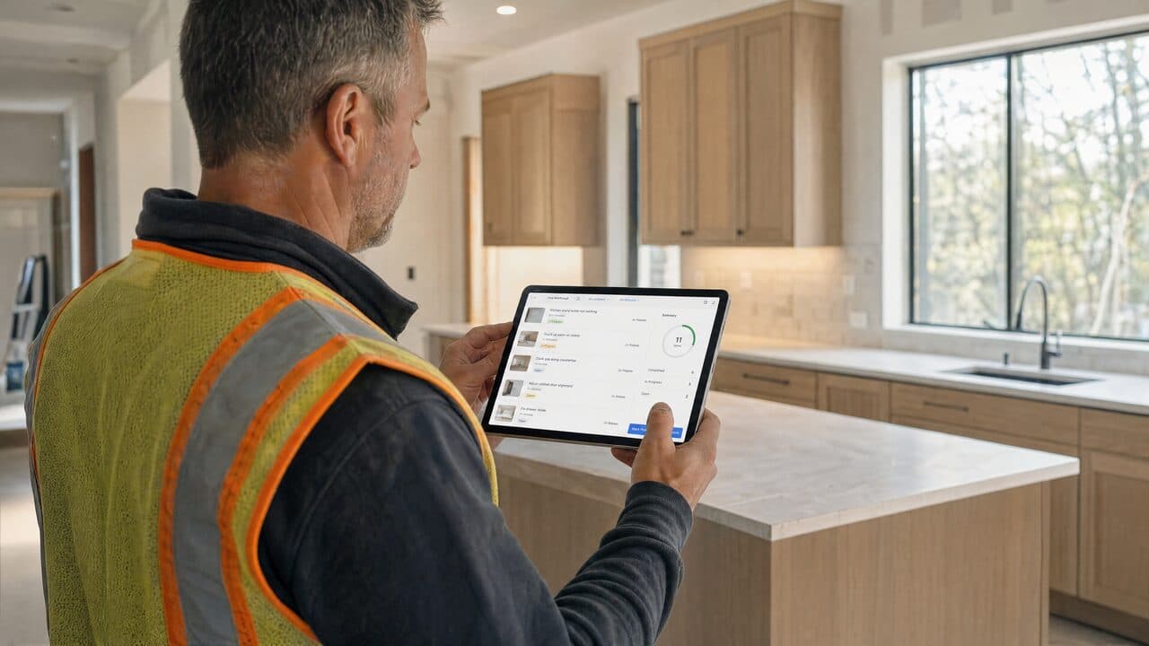 A superintendent in a hard hat and safety vest reviewing a punch list app on a tablet in a finished kitchen, showing eleven items broken into completed, in progress, and open