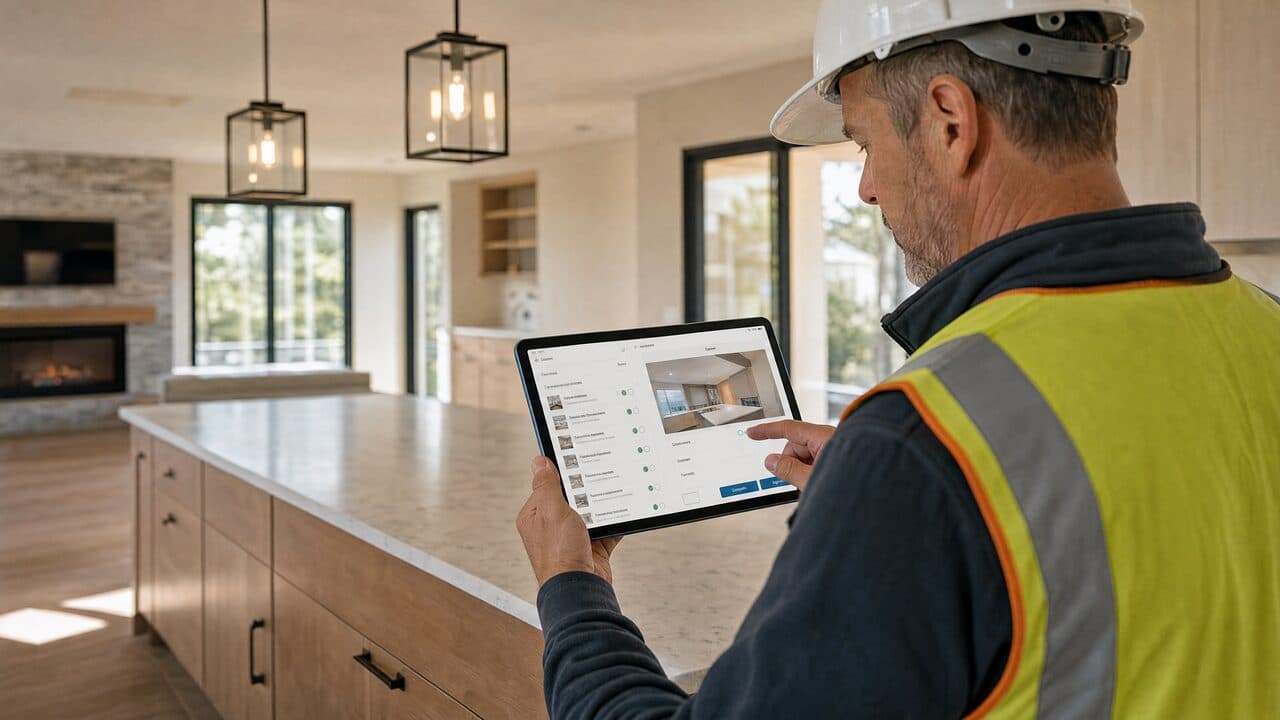 A construction worker in a hard hat using a tablet showing a punch list item with a photo, room detail, assignee, and complete and sign-off buttons in a finished kitchen
