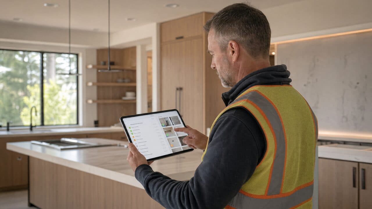 A worker holding a tablet showing a room-by-room punch list with photo thumbnails and status icons in green, orange, and gray, standing in a bright modern kitchen